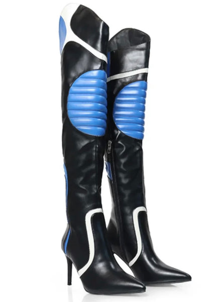 Women Pointed Toe Faux Leather Color Patchwork Knee High Boots