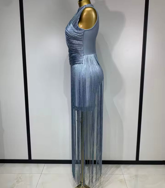 Women Sexy Sleeveless Fringe Tassel Maxi Dress