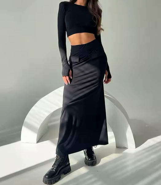 Women Sexy Full Sleeve Crop Two Piece Pocket Maxi Skirt Set