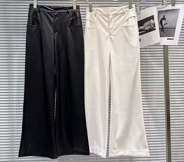 Women Black/White Faux Leather Fashion Wide Leg Pants
