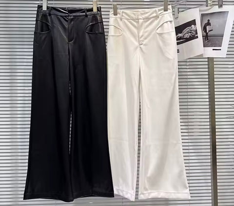 Women Black/White Faux Leather Fashion Wide Leg Pants