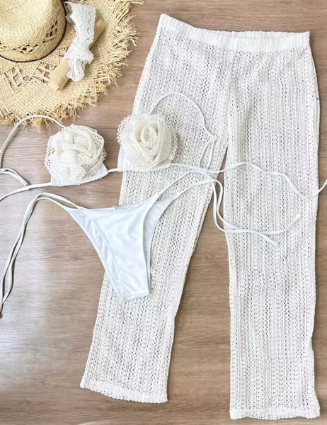 Women Sexy White 3D Floral Knitted Bikini Cover Up Set