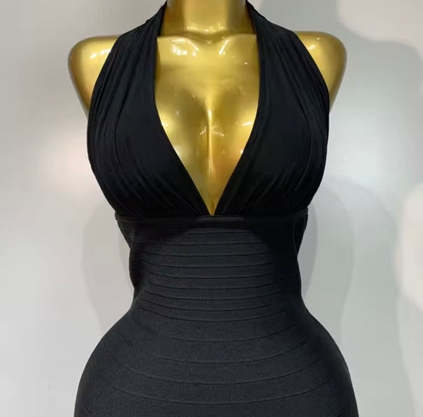 Women Sexy Halter Sleeveless Black Tassel Maxi Dress