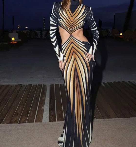 Women Sexy Cut Out Full Sleeve Printed Maxi Dress