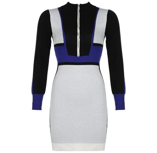 Women Sexy Fashion Full Sleeve Front Zipper Color Patchwork Dress