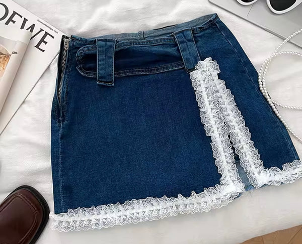 Women Sexy Fashion Lace Patchwork Denim Skirt