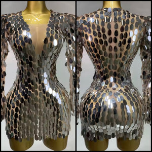 Women Sexy Silver Mirror Full Sleeve Dress
