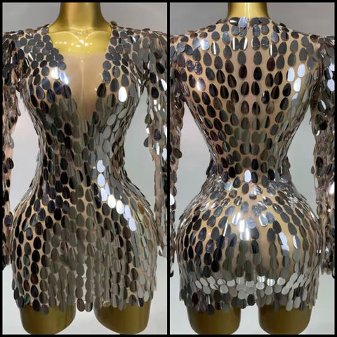 Women Sexy Silver Mirror Full Sleeve Dress