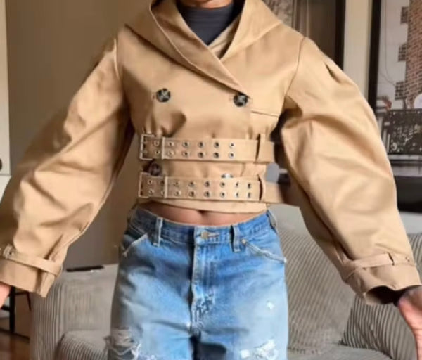 Women Fashion Khaki Buckle Long/Short Jacket