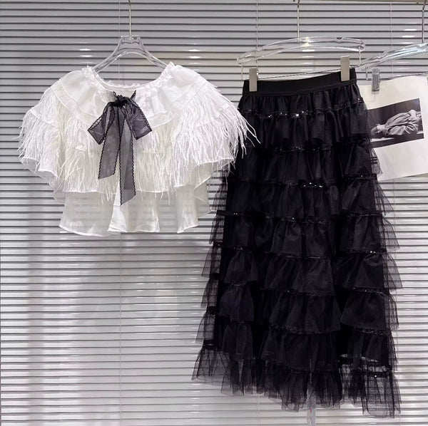 Women Ruffled Feather Tie Short Sleeve Two Piece Maxi Skirt Set