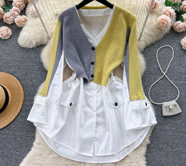 Women Fashion Color Patchwork Button Up Full Sleeve Top