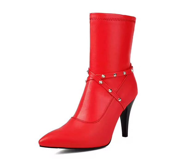 Women Color Pointed Toe Criss-Cross Rivet High Heel Ankle Boots