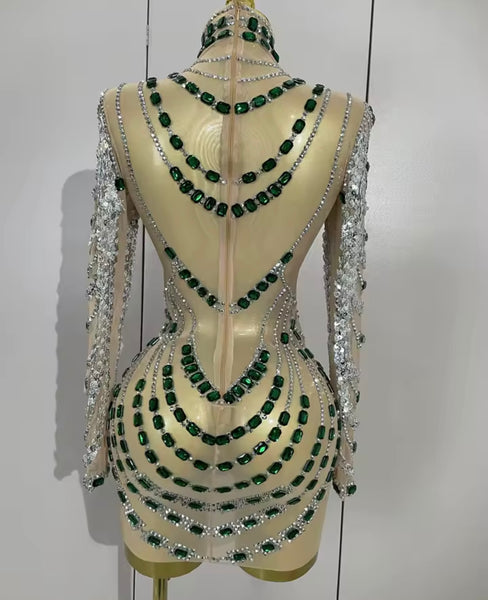 Women Sexy Crystal Rhinestone Mesh Full Sleeve Dress