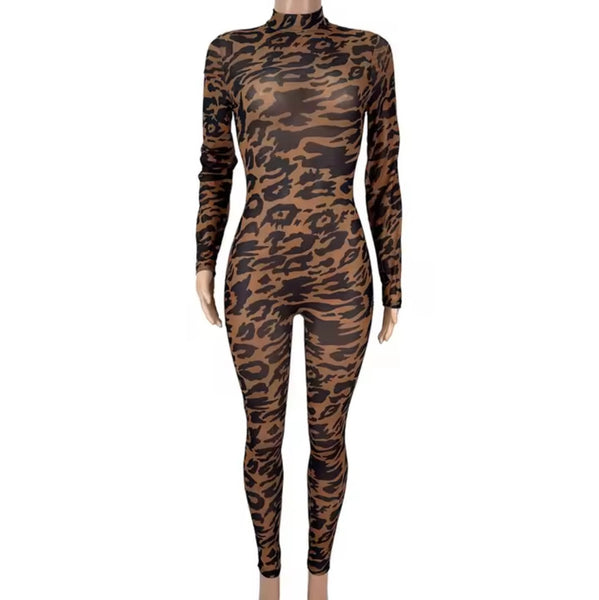 Women Sexy Fashion Leopard Print See Through Jumpsuit