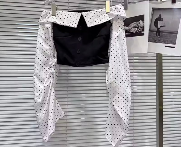 Women Fashion Polka Dot Off The Shoulder Full Sleeve Two Piece Pant Set