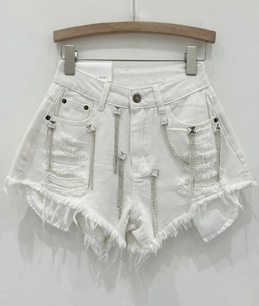 Women Color Fashion Ripped Bling Tassel Denim Shorts