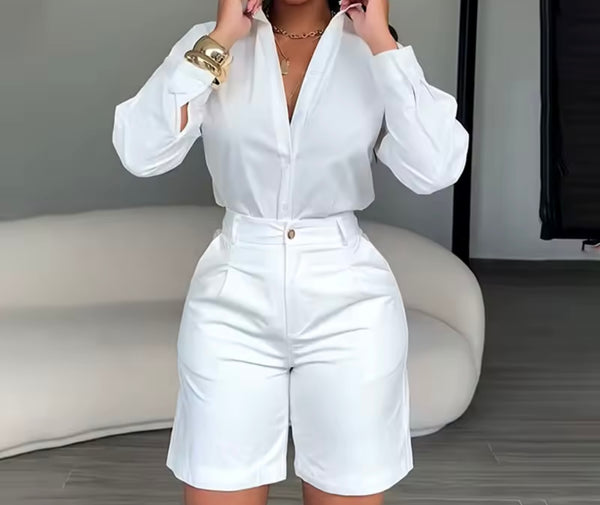 Women Color Fashion Button Up Two Piece Short Set