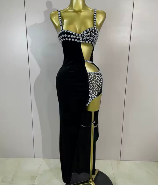 Women Sleeveless Black Cut Out Rhinestone Velour Maxi Dress