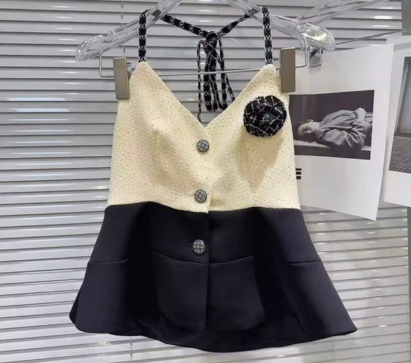 Women Sexy Halter Sleeveless Color Patchwork Two Piece Short Set