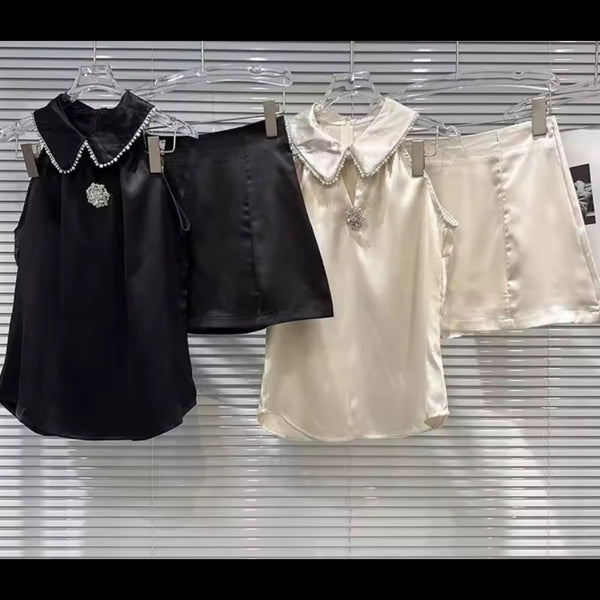 Women Sexy Rhinestone Collar Sleeveless Two Piece Skirt Set