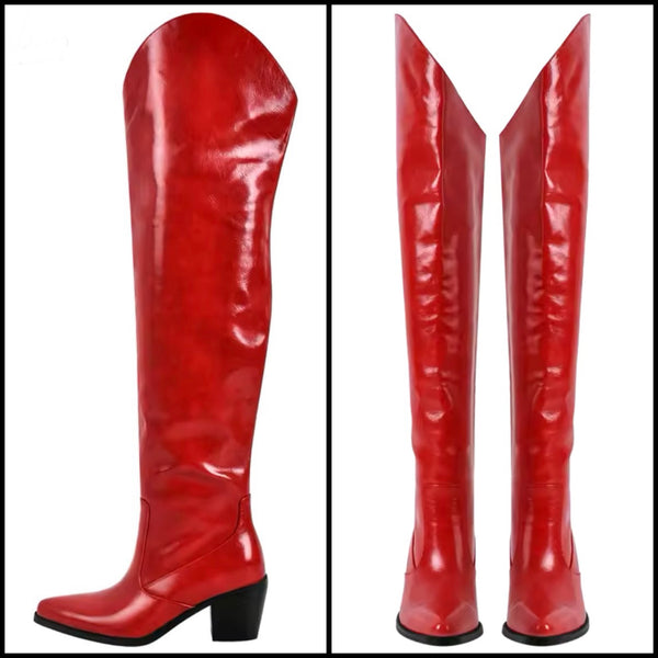 Women Red Fashion Faux Leather Knee High Western Boots