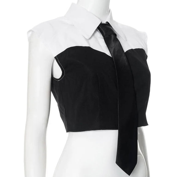 Women Fashion Sleeveless B&W Tie Crop Top