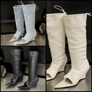 Women Fashion Pointed Open Toe Platform Wedge Knee High Boots