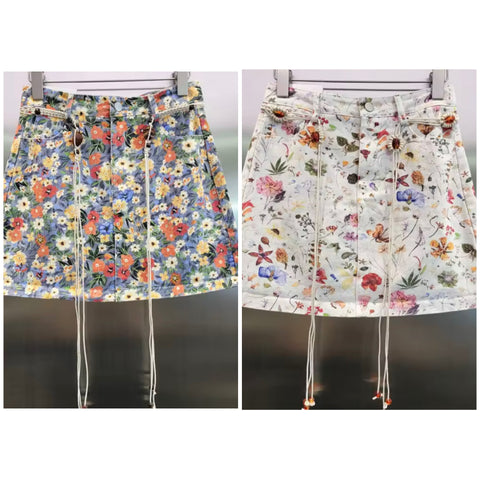 Women Sexy Fashion Floral Belted Denim Skirt