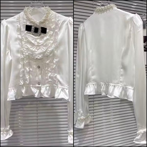 Women Ruffled Bling Button Up Bow Tie Full Sleeve Fashion Top