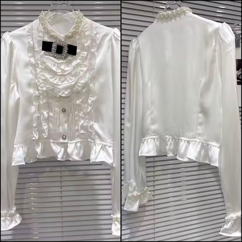 Women Ruffled Bling Button Up Bow Tie Full Sleeve Fashion Top