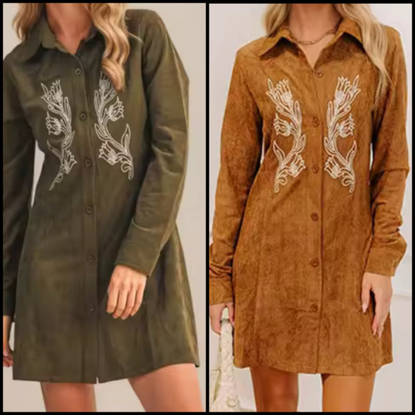 Women Fashion Printed Full Sleeve Button Up Suede Dress