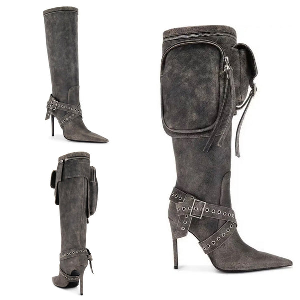 Women Fashion Denim Detachable Buckled Knee High Boots