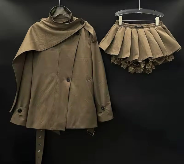 Women Brown Button Buckled Windbreaker Two Piece Pleated Skirt Set