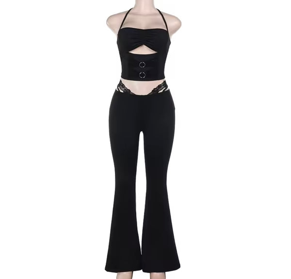 Women Sexy Halter Sleeveless Black Two Piece Pant Set