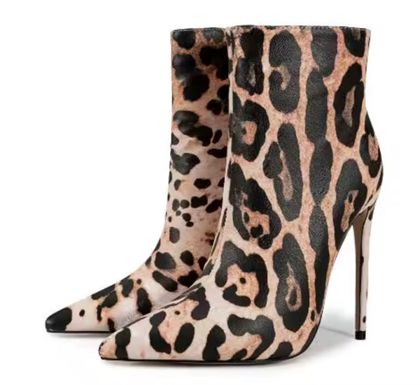 Women Color Leopard Print Fashion High Heel Ankle Boots