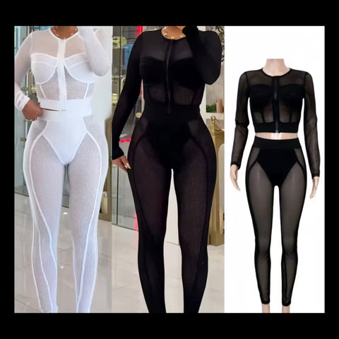 Women Sexy Zip Up Full Sleeve Mesh Two Piece Pant Set