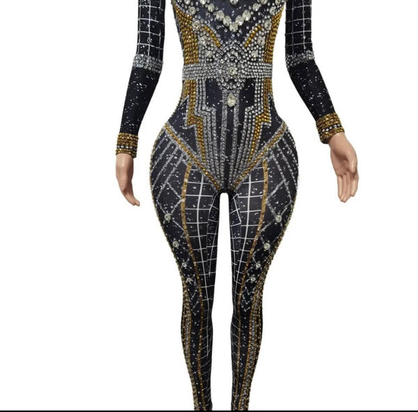 Women Fashion Bling Rhinestone Patchwork Full Sleeve Jumpsuit