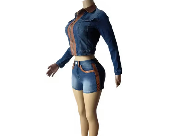 Women Fashion Brown Faux Leather Patchwork Denim Two Piece Short Set