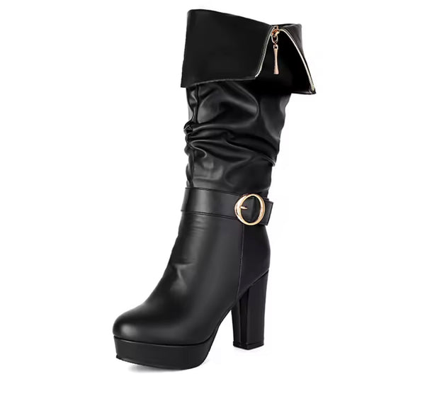 Women Round Toe Zip Up Buckle Platform High Heel Boots