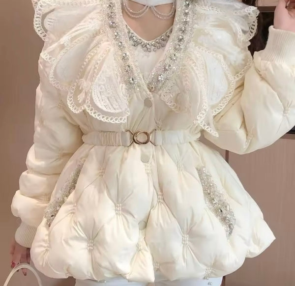 Women Fashion Beaded Lace Puff Jacket