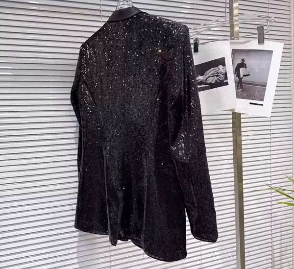 Women Black Sequins Blazer Two Piece Pant Set