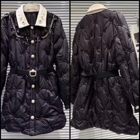 Women Fashion B&W Rhinestone Button Up Belted Long Jacket