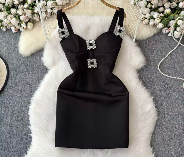 Women Black Bling Rhinestone Sleeveless Sexy Dress