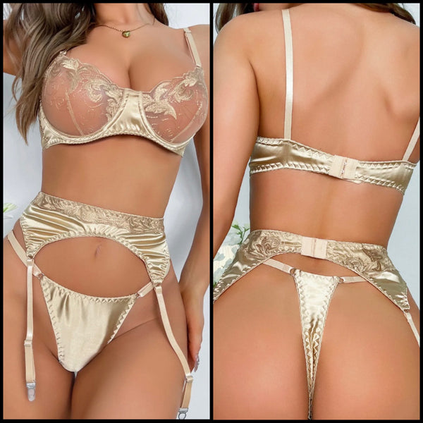 Women Sexy Satin Lace Thong Lingerie Set