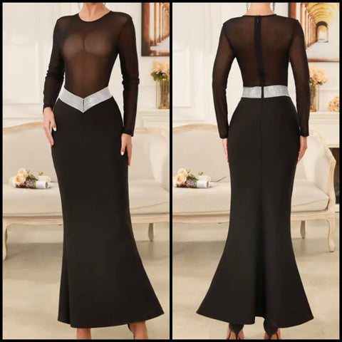 Women Sexy Full Sleeve Black Bling Mesh Patchwork Maxi Dress