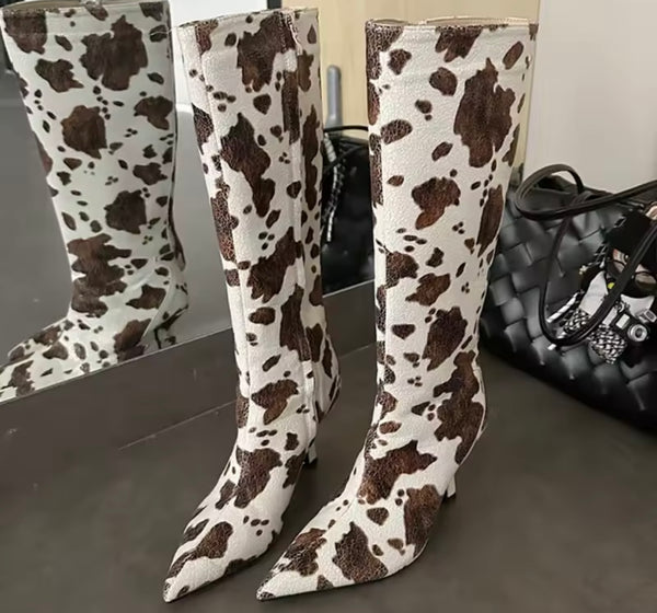 Women Fashion Animal Print Pointed Toe Knee High Boots