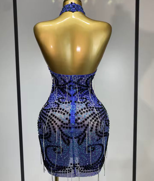 Women Sexy Blue Rhinestone Halter Sleeveless Mesh Dress