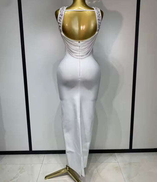 Women Sexy Rhinestones Pearl Open Back Maxi Dress
