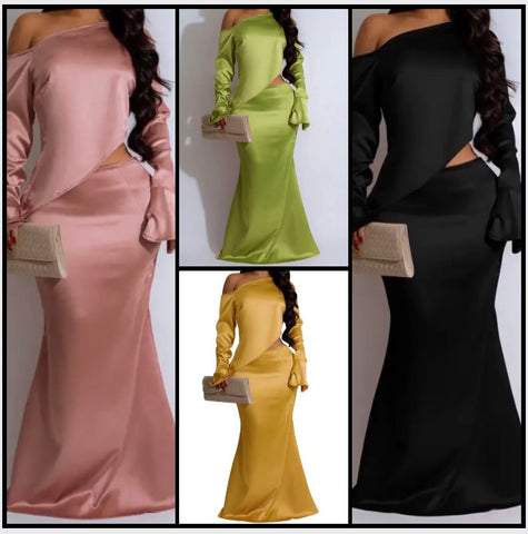 Women Sexy Satin Full Sleeve Solid Color Two Piece Maxi Skirt Set