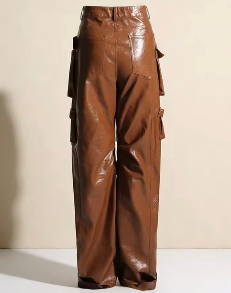 Women Fashion Faux Leather Cargo Pants